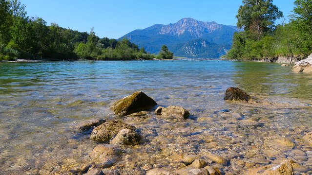 Loisach river with Kochelsee on background. Great fly fishing destination in Bavarian Alps, Bavaria, Germany. - Powered by Adobe
