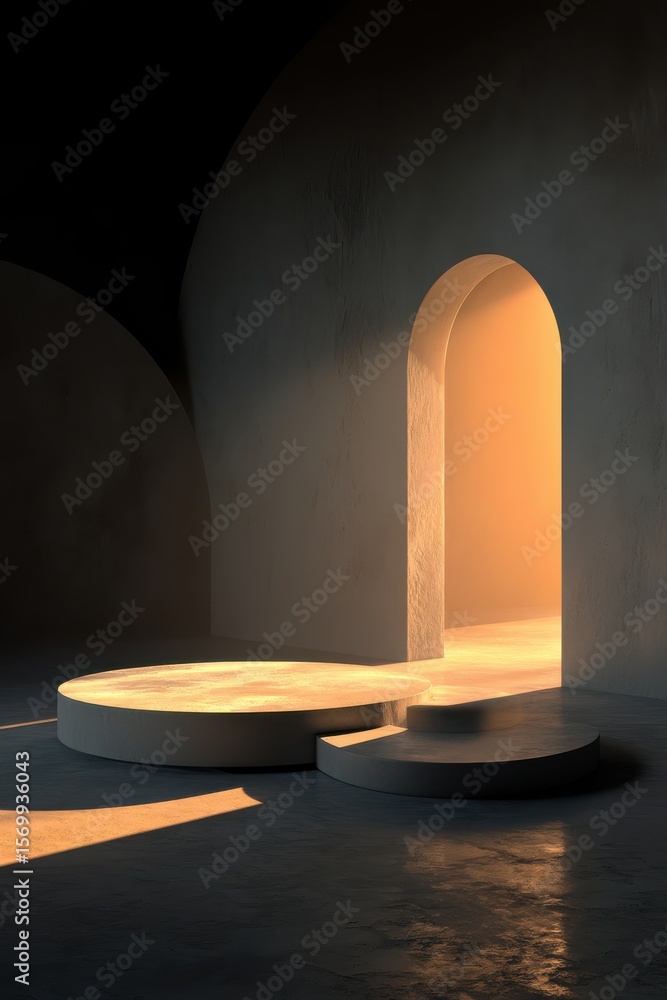 Poster minimalist architecture with a glowing archway and circular floor platforms