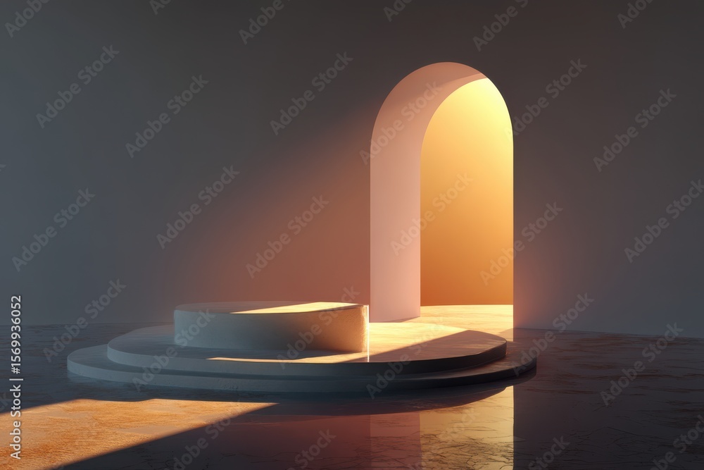Poster minimalist interior with illuminated archway and elegant circular platform design