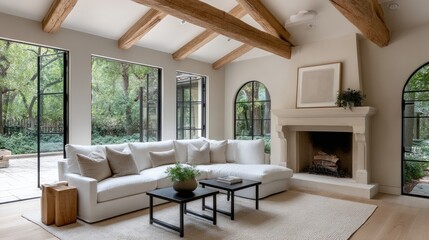 Bright living room features minimalistic design, large steel doors, and cozy fireplace, creating a welcoming atmosphere with natural light
