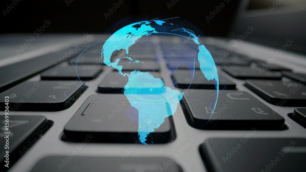 Poster global network connection visualization showing data exchange, digital link, worldwide communication