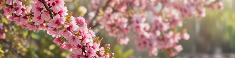 Blurred spring blossoms forming a vibrant floral border , delicate, colorful, background