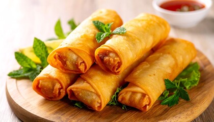 Golden spring rolls on a wooden board
