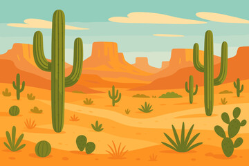Vibrant Desert Landscape with Saguaro Cactus, Prickly Pear, Agave, Canyon Cliffs, Wild West Nature, Southwestern Scenery, Wildlife Habitat, Modern Flat Vector Illustration