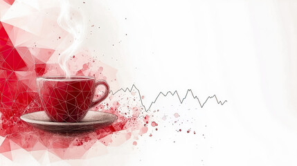 Red coffee cup with polygonal geometric pattern, watercolor splashes and indicative data line Generated with AI