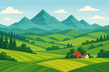 Panoramic Mountain Landscape Vector Illustration. Rolling Green Fields, Meadows, Forests, Farmhouses. Scenic Countryside Nature, Hills, Rural Agriculture, Summer, Tranquil Outdoor Scene