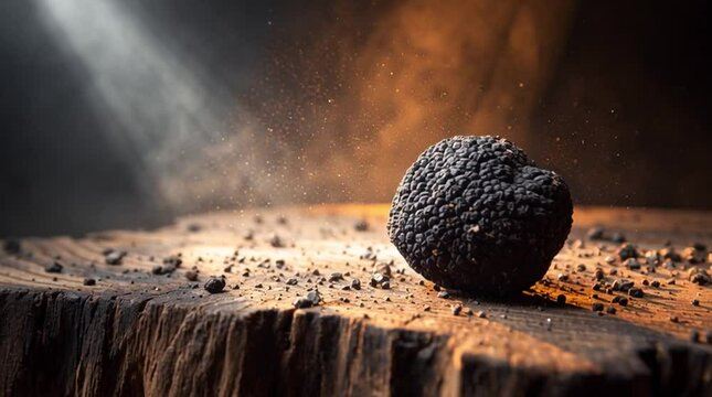 Weathered walnut cutting board cradles vacuum-sealed black truffles in dramatic amber light