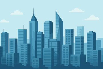Fototapeta premium Modern Cityscape Skyline with Skyscrapers, Office Buildings, Urban Architecture, Panoramic Metropolis Silhouette, Downtown Business District, Flat Vector Illustration