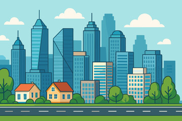 Modern Cityscape with Skyscrapers, Office Buildings, Residential Houses, Trees, and Road. Urban Business District Panorama. Vector Illustration for City Design Concepts