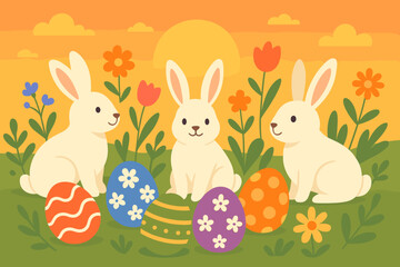Easter Bunnies and Colorful Eggs in Spring Flower Meadow at Sunset, Festive Vector Illustration, Cute Rabbits, Floral Nature, Holiday Celebration, Decorative Pattern, Seasonal Design