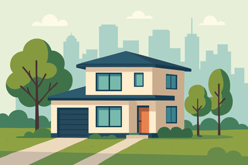 Modern Suburban House with Garage, Trees, and City Skyline. Contemporary Two-Story Home, Urban Residential Architecture, Green Lawn, Flat Vector Illustration, Real Estate Concept