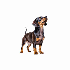 Dachshund's Upward Gaze: A striking studio portrait of a dachshund, its coat gleaming, stands alert, its eyes fixated upwards. the epitome of canine curiosity and charm