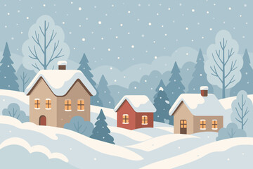 Cozy Winter Village Scene. Snow-Covered Houses, Pine Trees, Snowdrifts, Falling Snow. Rural Countryside Landscape. Warm Lights, Peaceful Winter Day. Flat Modern Vector Illustration