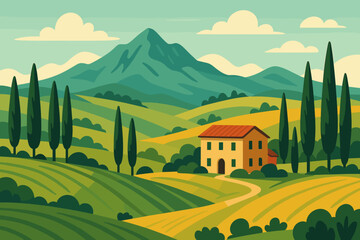 Idyllic Italian Countryside Landscape, Rolling Green Hills, Majestic Mountains, Tall Cypress Trees, Country Villa, Scenic Fields, Meadows, Rural Nature, Tuscany, Vector Illustration