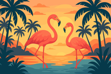 Tropical Paradise Sunset with Two Flamingos, Palm Trees, Exotic Landscape, Wild Nature, Summer Beach, Vibrant Vector Illustration, Modern Flat Cartoon Art