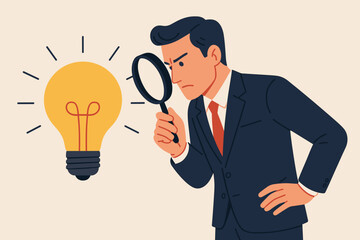 Perfectionist businessman analyzing idea with magnifying glass. Attention to detail, high standards, focus on perfect results. Concept of meticulous work, goal achievement, precision