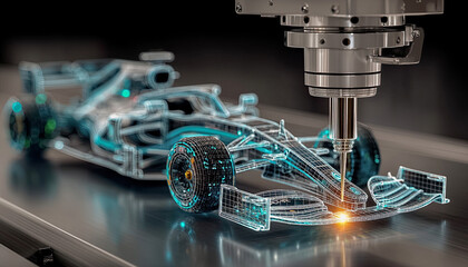 CNC machining of holographic Formula One car model with lights and blue highlights Generated with AI