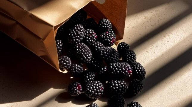 Minimalist kraft paper bag with die-cut window showcasing fresh, dew-beaded blackberries