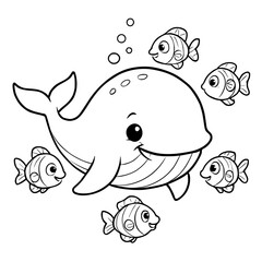 Fototapeta premium Cute Cartoon Whale and Fish Outline for Coloring Book 