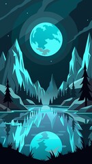 A mystical night landscape with a glowing moon reflecting on a calm body of water surrounded by dark mountains