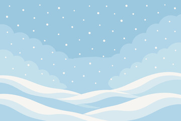 Winter Snow Landscape Background. Christmas Snowdrifts, Falling Snow, Blue Sky, Frosty Weather. Minimalist Flat Vector Illustration. Holiday Season, New Year, Winter Scene, Nature, Peaceful, Calm
