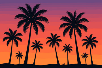 Tropical Palm Tree Silhouettes Sunset. Vibrant Orange Purple Sky. Exotic Beach Landscape. Summer Paradise. Vector Illustration. Flat Design. Nature Background. Banner. Poster. Card. Cover.