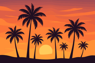 Tropical Palm Tree Silhouettes Sunset. Exotic Beach Landscape. Vibrant Orange Sky. Summer Vacation. Paradise Island. Nature Scenery. Travel Poster. Flat Vector Illustration. Banner, Card, Cover