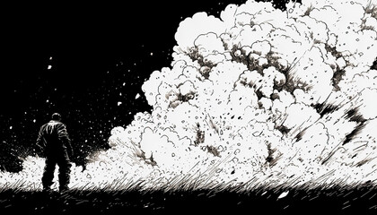 Man seen from behind facing an explosive cloud of smoke and debris in a dramatic scene Generated with AI