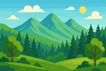 Obraz premium Lush Summer Mountain Landscape, Green Forest Hills, Pine Trees, Blue Sky, Sun, Clouds, Scenic Nature, Flat Vector Illustration, Outdoor Adventure, Tranquil Wilderness