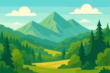 Fototapete Rund Lush Summer Mountain Landscape, Green Forest Hills, Blue Sky, Scenic Valley, Pine Trees, Nature View, Flat Vector Illustration, Outdoor Adventure, Tranquil Wilderness, Sunny Day © Fabio