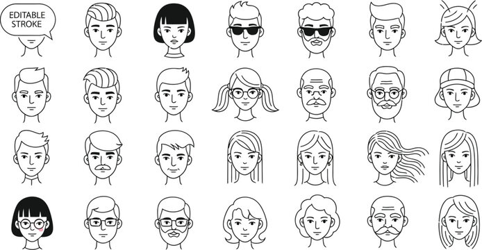 Diverse people faces vector collection editable stroke line art portraits