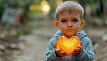 Girl in a snowy forest wearing a hat and gloves holds a blazing heart with a mysterious sparkling glow Generated with AI