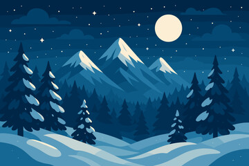 Majestic Winter Night Landscape with Snow-Capped Mountains, Pine Forest, Snowdrifts, Full Moon, Starry Sky, and Clouds
