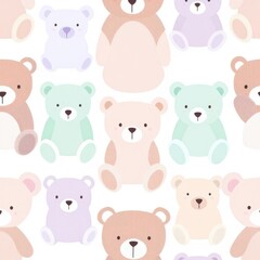 Seamless Bear Delight: Pastel-colored teddy bears in a soft, pattern, evoking a sense of childlike wonder and comfort.