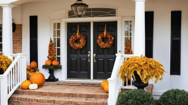 Elegant home adorned with festive fall decorations featuring pumpkins and wreaths
