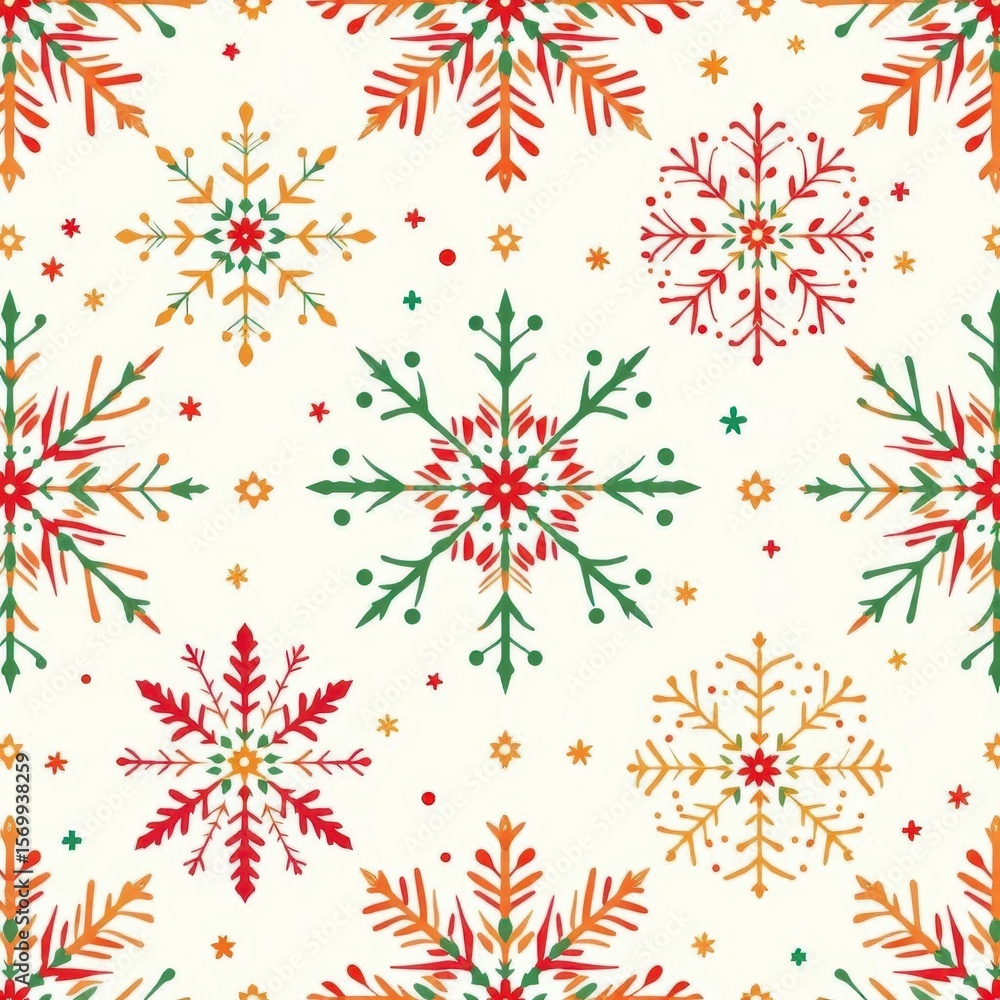 Poster festive snowflake pattern: a vibrant and intricate design of colorful snowflakes adorns a light back