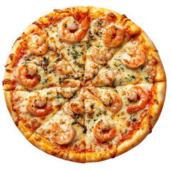 Deliciously prepared shrimp and cheese pizza with fresh herbs sliced and ready to serve isolated on transparent background
