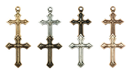  gold silver bronze metal christian cross isolated on white background PNG , AI GENERATED