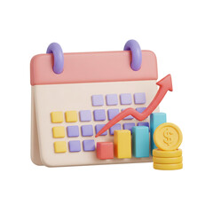 3D fiscal year calendar. Business report with growth chart for annual financial planning. Isolated on transparent background, png