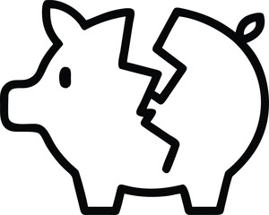 Broken piggy bank icon representing financial crisis or savings loss concept line art