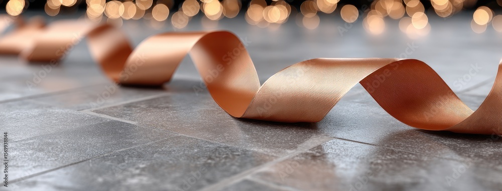 Poster golden ribbon winds along a dark surface, illuminated by soft light with floating particles creating