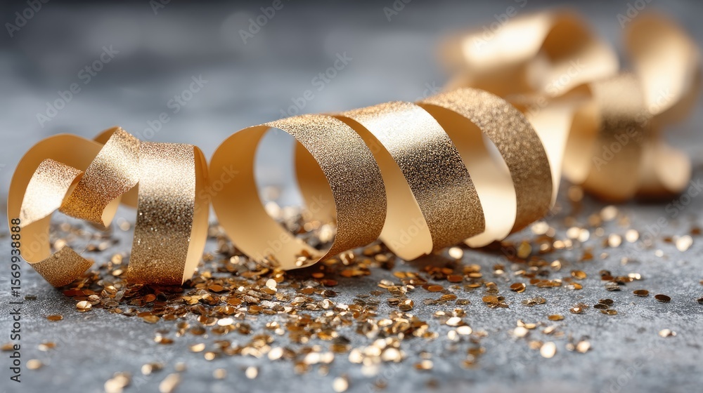 Poster golden ribbon winds along a dark surface, illuminated by soft light with floating particles creating