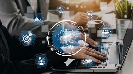 Marketing automation diagram showcase AI-driven campaign workflow, highlight marketing automation,...