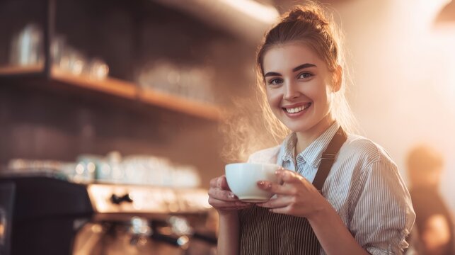 The barista smiling warmly with a cup of steaming coffee in a cozy café. - Powered by Adobe