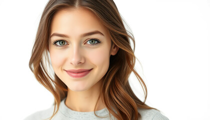 An image of a 20-30 year old European woman in profile, intended for use as an avatar on social media. Her hair is long, loose, slightly wavy, and chestnut-colored