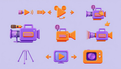 Set of 3D render icons with video camera rotation. Isolated cartoon purple and orange movie camera with microphone sign for filming movies or TV shows. Animation with sequential rotation of elements f