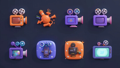 Set of 3D render icons with video camera rotation. Isolated cartoon purple and orange movie camera with microphone sign for filming movies or TV shows. Animation with sequential rotation of elements f