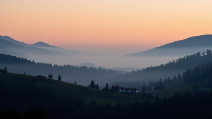 Fototapeta premium Sunrise Over Misty Mountain Valley Landscape with Rural House