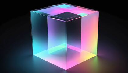 Holographic translucent cube with pastel gradient colors floating on black background, 3D rendering, soft neon glow, high resolution