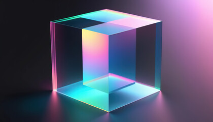Holographic translucent cube with pastel gradient colors floating on black background, 3D rendering, soft neon glow, high resolution
